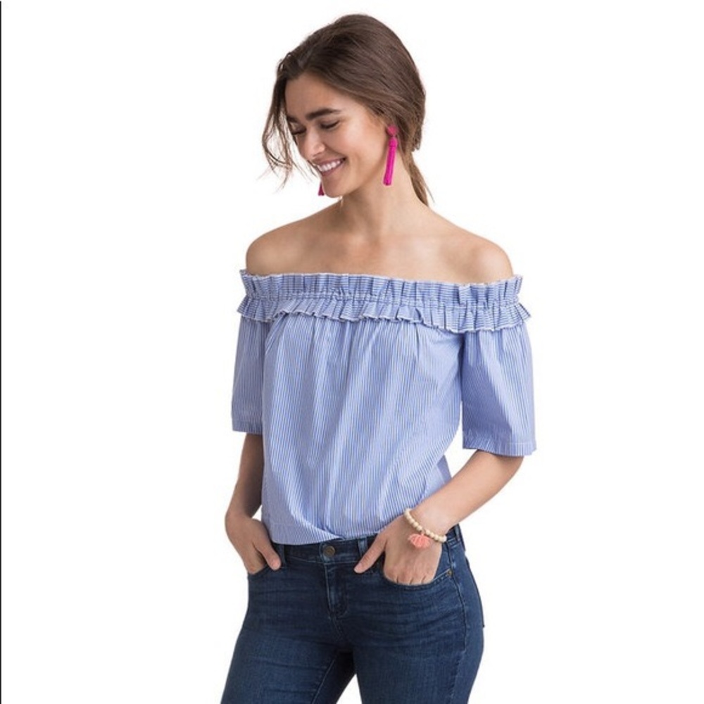 Vineyard Vines Off the Shoulder Poplin Stripe Top